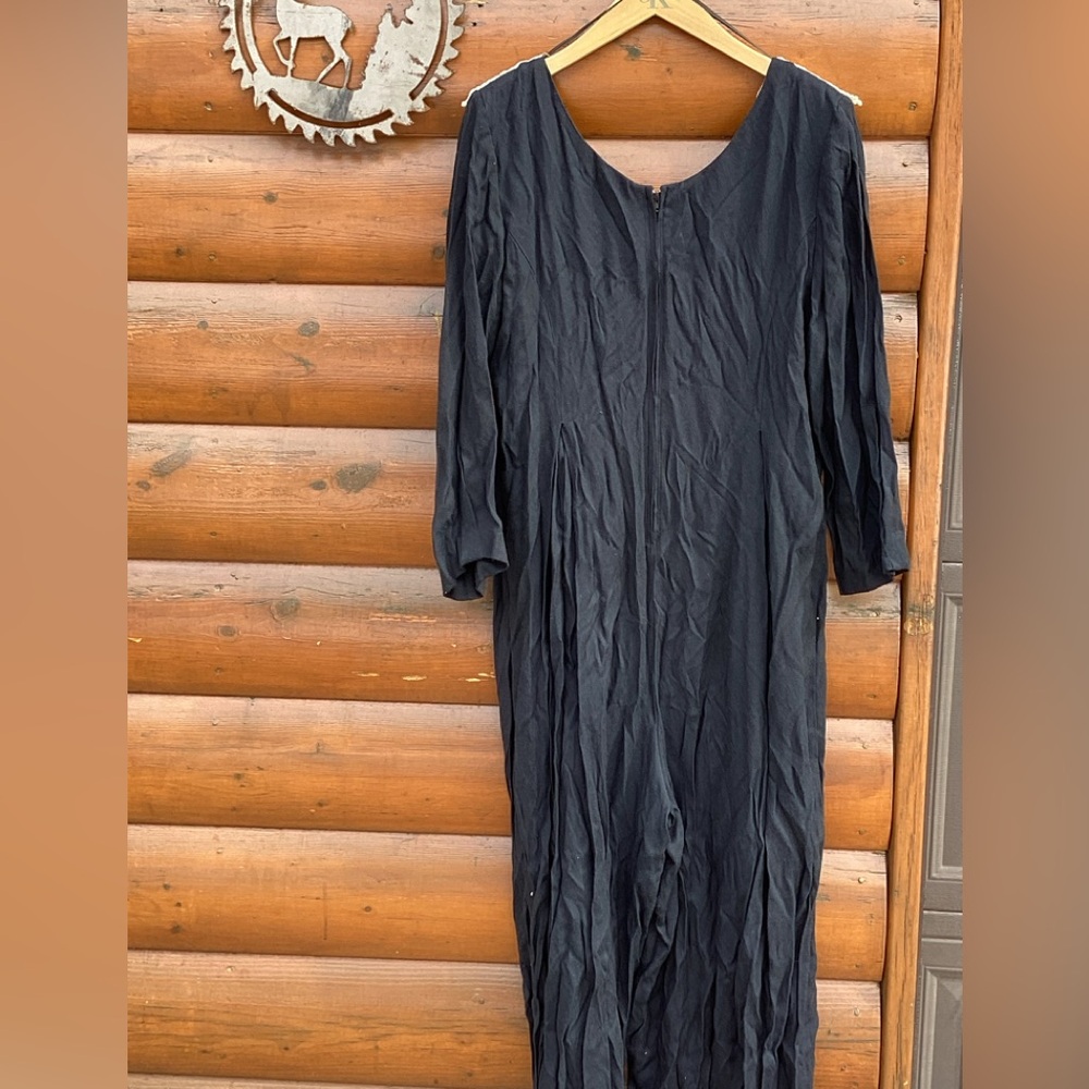 ⚜️  Vtg WIDE LEG JUMPSUIT Navy w/Lace Collar & Shoulder Pads JEFFREY DARA - Picture 9 of 14
